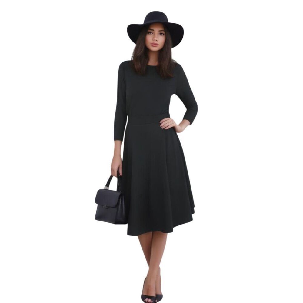 Unique Vintage Black V-Back 1950's Inspired Swing Belted Dress Size M